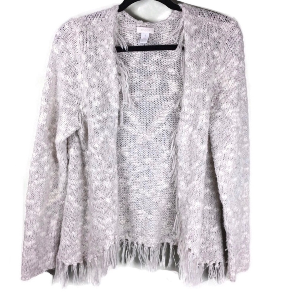 Chico’s Open Front Marled Fringe Hem Oatmeal Wool Blend Cardigan Size 1